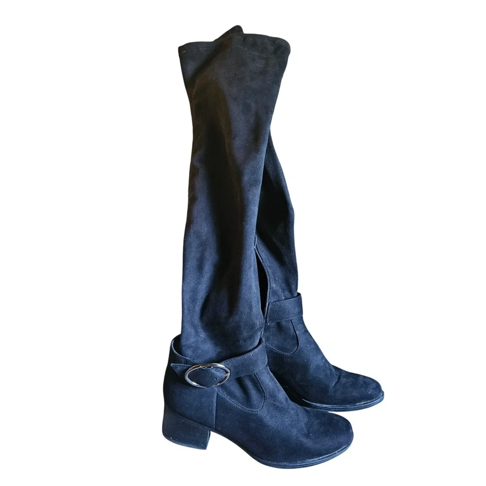 Naturalizer Black Suede Over The Knee Boots Stretch Back Buckle Block Heel Zip